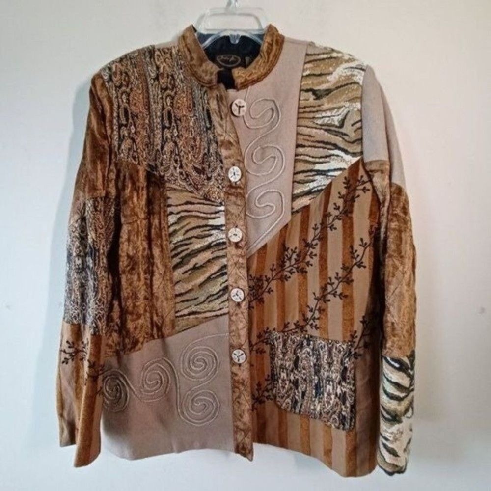 Julia Kim Jacket Lg Artsy Boho Patchwork Tapestry Safari Animal‎ Print Office